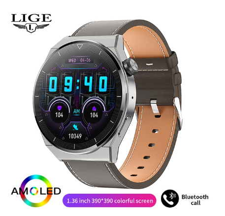 LIGE Smart Watch Men AMOLED HD Screen Heart Rate Bluetooth Call IP68 Waterproof SmartWatch For Android and Ios LEATHER SILVER