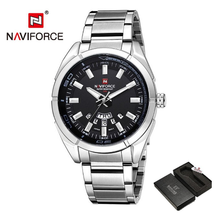 Naviforce NF9038 Men Brand Business Quartz Stainless Steel Band 30M Waterproof Date Wristwatches BLACK SILVER
