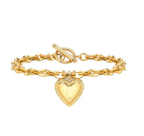 Vnox A-Z Letter Heart Charms Bracelet for Women Girl 18K Gold Elegent Love Stainless Steel Link Chain Initial Jewelry Birthday Present L