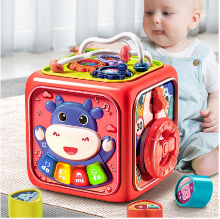 Activity Cube Baby Toys,6 in 1 Multi-Purpose Learning Cube with Music,Activity Center Shape Sorter Toy Gift for 18M+ Year Old Boy Girl