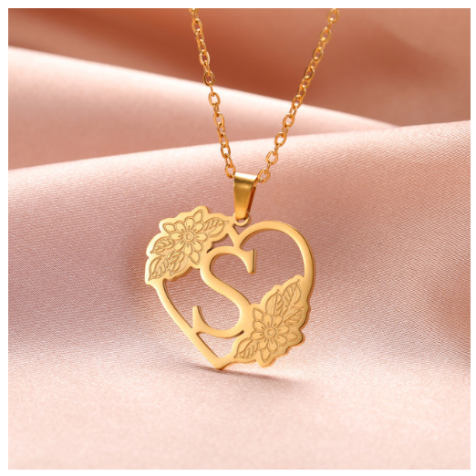 A-Z Initial Flower Necklace Women Stainless Steel Letter Heart Pendant Necklace Choker S