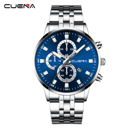 CUENA Men's Watches Original Brand Luxury Business Analog Quartz Waterproof 6025 SILVER BLUE