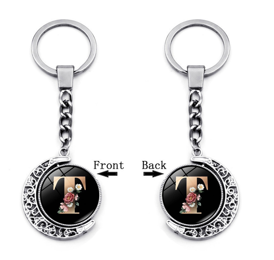 1PC Exquisite 26 Letter Glass Keychains Double Sides Moon Flower A-Z Initials Keyrings Handbag Charms Ornaments Gifts T