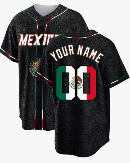 Customized Name And Number Men's Embroidery Baseball Jersey Mexico Black V-Neck Personalized Short Sleeve Button Down Shirts Party Games Training Sports Tops S-Xxl