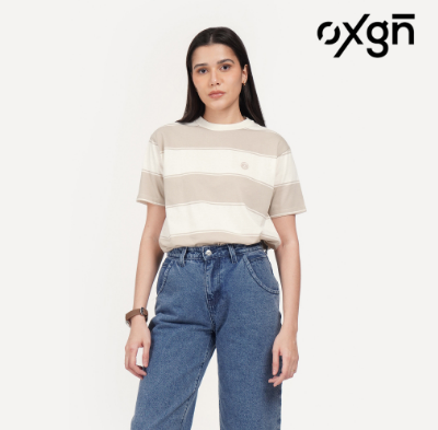 OXGN Unisex Stripe Space Panda Micro Embroidery T-Shirt For Men And Women (Khaki)