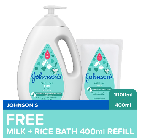 Johnson's Milk+Rice Bath Bundle 1L Free 400ml Refill - Baby Essentials, Baby Care, Baby Wash
