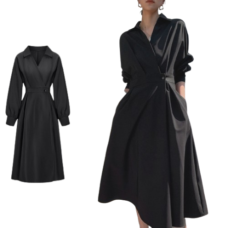 Lovito Women Elegant Plain Wrap Pocket Dress L65ED174 (Black)