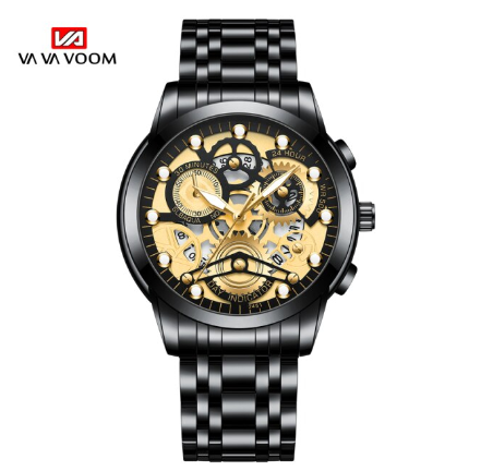 VA VA VOOM Original Watch for Men's Waterproof Stainless Steel Quartz Watches Fashion Business Date Wristwatch BLACK GOLD