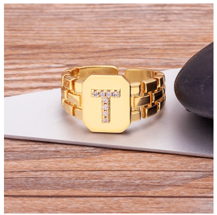 New Arrival Fashion Gold Color Initial Ring Open Design Adjustable Hot Sale A-Z Letters Zircon Rings For Women T