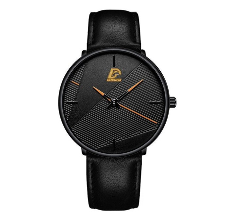Stainless Steel Ultra-thin Quartz Wristwatch Classic Men's Fashion Waterproof Wacth LEATHER BLACK ORANGE