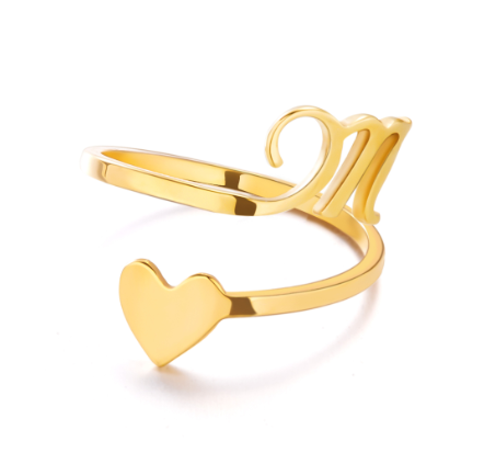 Gold Stainless Steel A-Z Rings Initial Letters Heart Rings Women Fashion Non Fading Jewelry Adjustable M