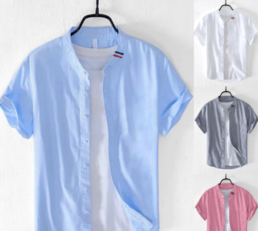 Classic Chinese Collar Men's Casual Cotton Short Sleeve Shirt