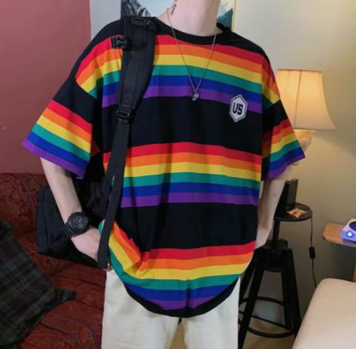 Korean Summer Latest Rainbow Striped Couple Short Sleeved T-shirt Men's Oversized Loose Large Size Cotton Round Neck Neu