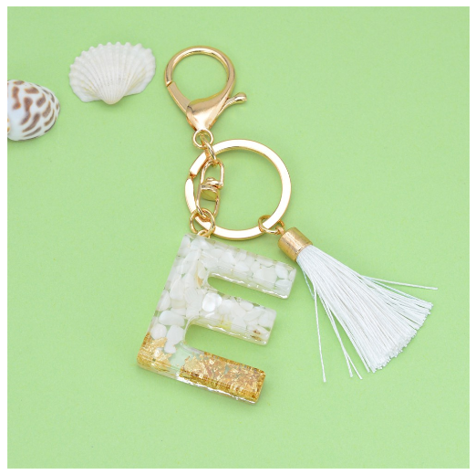 1Pc Gold Tassel Alphabet Keychain English Letter Keyring Glitter Gradient Resin Gold Leaf Crafts Car Mirror Handbag Charms E