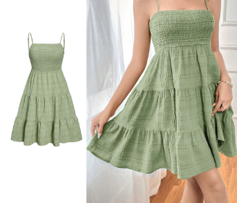 Lovito Women Smocked Double Layer Dress L68ED201 Green