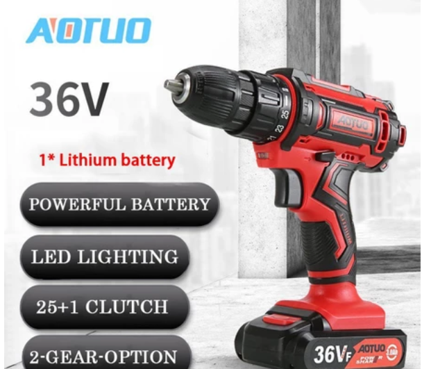 AOTUO 36V Lithium-Ion Cordless Driver-Drill Kit With Free Accessories, 1 battery