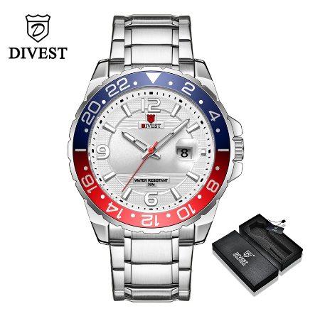DIVEST Brand Men's Watches Fashion Waterproof Casual Sport Business Original Men Watch Quartz Calendar Luminous 9029 SILVER WHITE