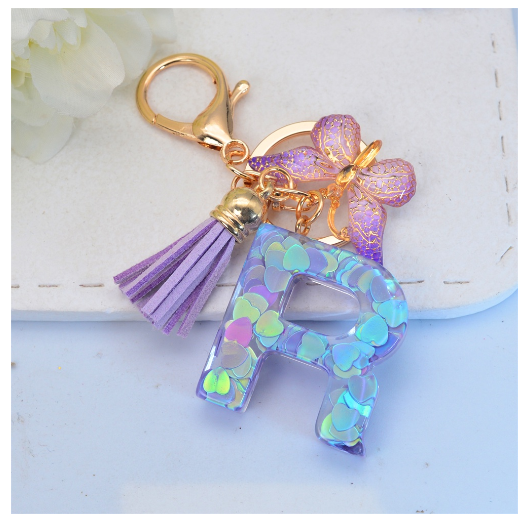 Sparkling 26 Letter Keychain With Butterfly Pendant Exquisite Heart Sequin Filled A-Z Initials Keyrings Bag Pendant Charms Gifts R