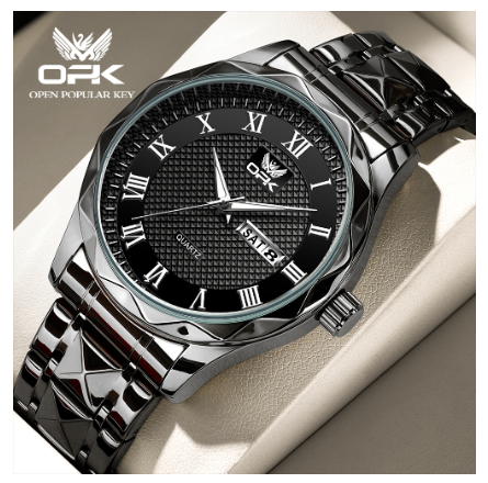 OPK Watch For Men Waterproof Original Quartz Luminous Calendar Stainless Steel Watch BLACK DIAL BLACK STRAP