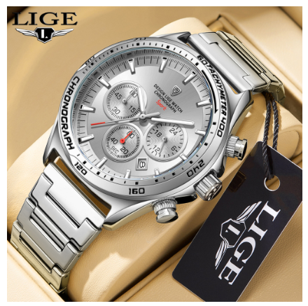 LIGE Men Original High Quality Stainless Quartz Wristwatches Waterproof Chronograph Unique Design Watch WHITE