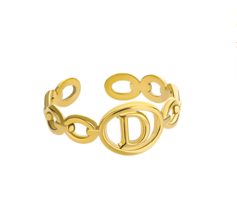 Kaijiang Hollow Initial Letter Rings For Women Gold Color Link Adjustable Open Ring Stainless Steel Jewelry Gift Fashion Accessories D