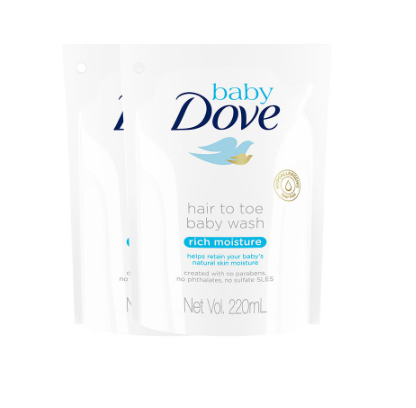 Baby Dove Hair to Toe Wash Rich Moisture 220ml Refill for Dry Skin (Bundle of 2)