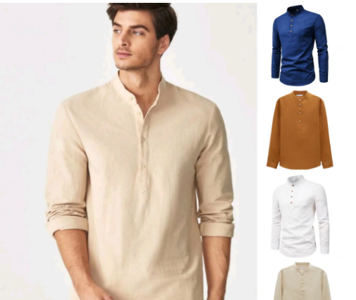 Classic X Huilishi Long Sleeves Chinese Collar Polo For Men Half Buttons Plain 5 Colors M To XL