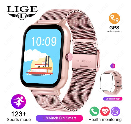 LIGE Bluetooth Call Waterproof Sport Heart Rate Sleep Monitor AI Voice Assistant Smart Watch Online MESH PINK