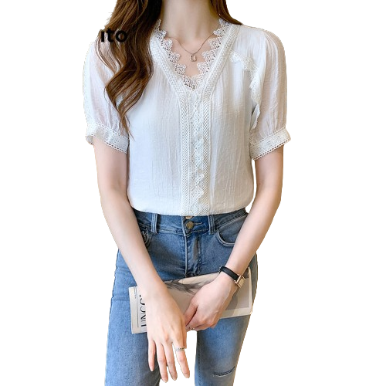 Lovito Women Casual Plain Ruffle Neck Fabric Stitching Blouse LNE33156 (White)