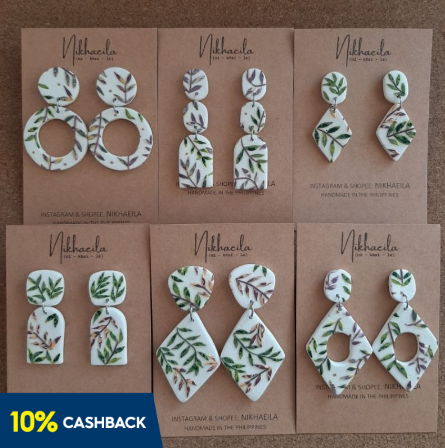 White Tropical Botanical Greens Polymer Clay Earrings