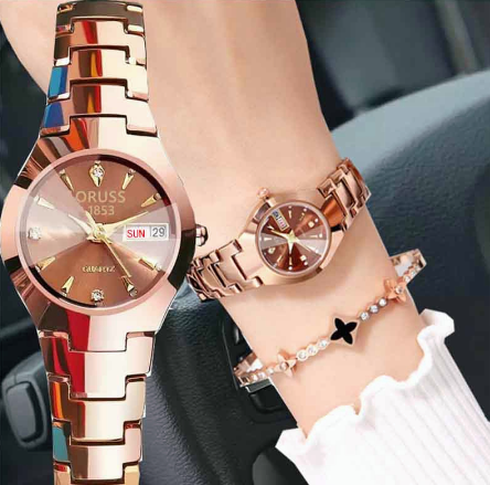 Automatic Quartz Tungsten Steel Women's Watch Non-Fade Dual Calendar English Display