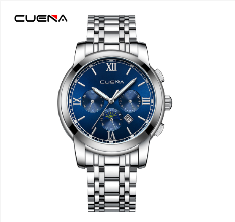 CUENA Men's Watches Original Brand Stainless Steel Waterproof Quartz Analog Business Sports 6052 SILVER BLUE