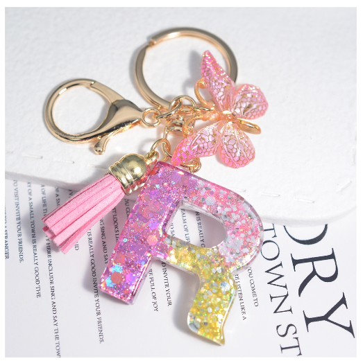 Glitter Sequin Filled 26 Letter Keychain With Tassel Exquisite Butterfly A-Z Alphabet Keyrings Women Bag Pendant Ornaments Gifts R