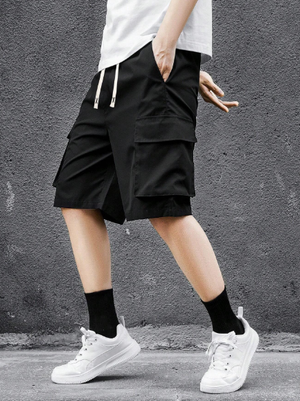 Men's New Summer Casual Sports Solid Color Drawstring Waist Cargo Shorts