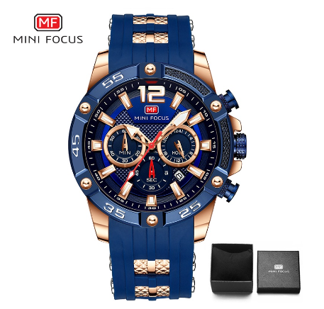Mini Focus Watch Men Luminous Chronograph Waterproof Sports Silicone Analog Quartz Watch GOLD BLUE