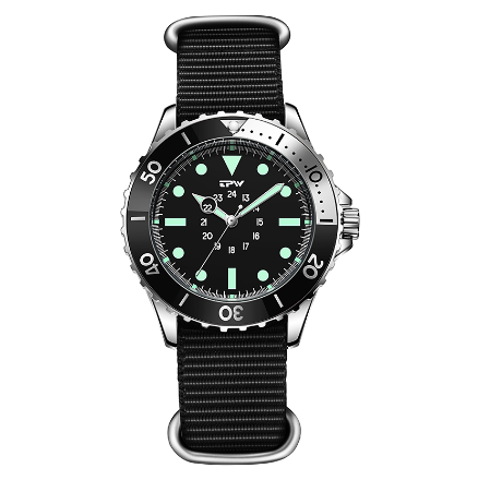 TPW Diver Style Field Watch 40mm Case 24 Hours Dial Rotating Bezel Fabric Strap Wrist Watch BLACK NYLON STRAP