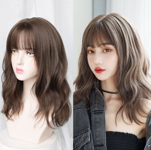 Korean Curly Wigs for Women Female Medium Long Hair with Air Bangs Full Headgear Natural Fluffy Wig