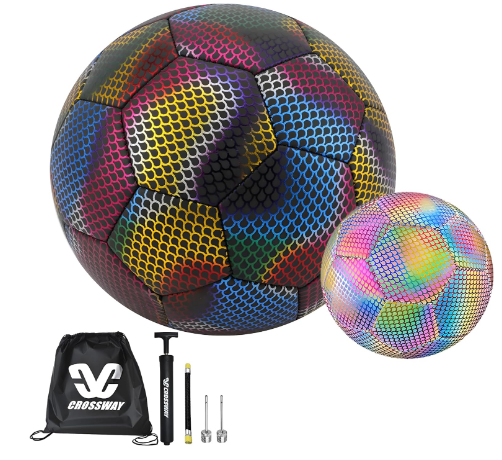 Holographic Luminous Soccer Ball Reflective Football Size 5 Holographic/Self-Lighting Glowing Reflective Soccer Balls Indoor Outdoor School Training Football PU Leather Match Soccer Balls