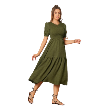 Lovito Women Casual Plain Smocked Ruffle Belted Dress LBL08115