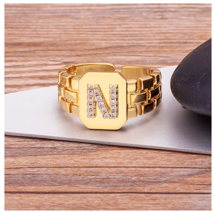 New Arrival Fashion Gold Color Initial Ring Open Design Adjustable Hot Sale A-Z Letters Zircon Rings For Women N