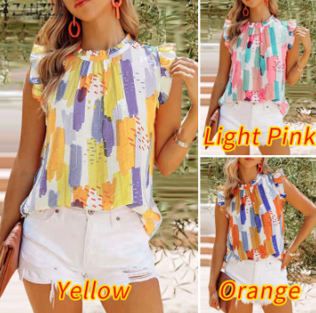 ZANZEA Women Vacation Sleeveless Ruffle Stand Collar Printed Tank Tops