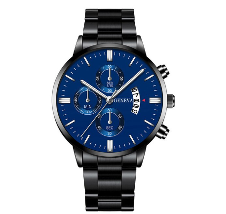 GENEVA Luxury Silver Mens Stainless Steel Analog Watches Mens Three Eyes Calendar Quartz Business Wristwatch Men Watch BLACK BLUE