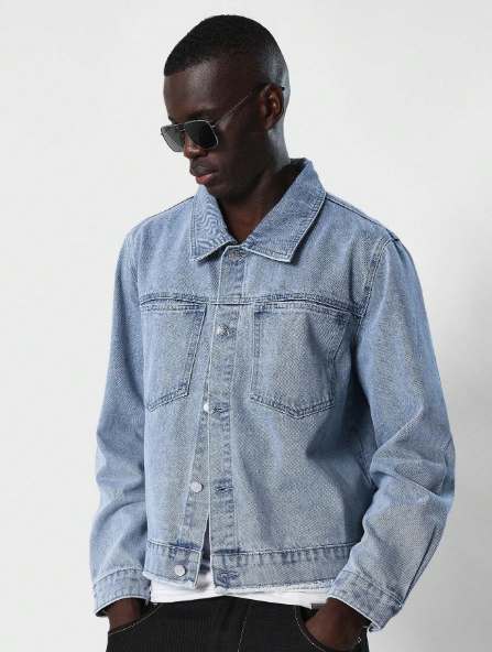 SUMWON Cropped Denim Jacket With Back Collar Embroidered Print