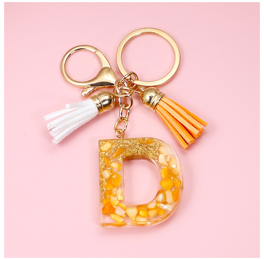 Tassel Gold Foil A-Z 26 Letter Pendent Keychain for Women Orange Resin Keyrings Girls Bag Ornamant Accessories Charms Gifts D