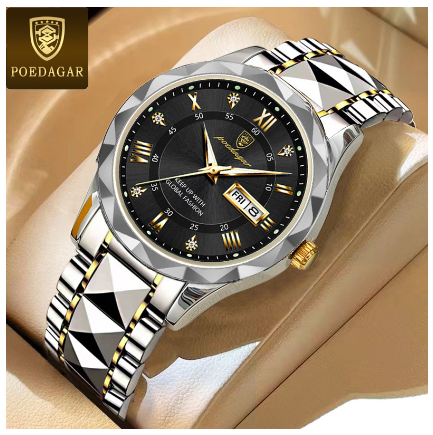 POEDAGAR business watch for men water proof original fashion luxury tungsten steel calendar luminous display prismatic diamond dial Watch GOLD BLACK