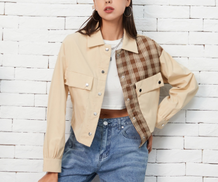 Casual Plaid Colorblock Button Pocket Croptop Women Jackets (Khaki)