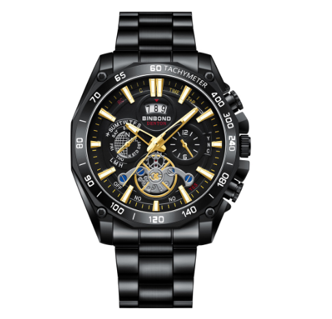 Binbond Fashion Luminous Calendar Luxury Waterproof Stainless Steel Student Watch Men's Tourbillon Gift Steel Band Three Eyes Six Hands Watch m3
