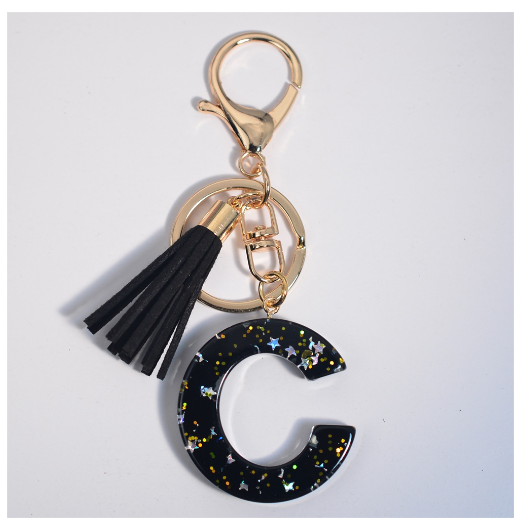 Black A-Z 26 Letter Key Chain Fashion Star Sequin Filled Initials Keyrings For Women Bag Ornaments Charm Car Key Holder Gifts C