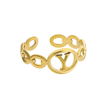 Kaijiang Hollow Initial Letter Rings For Women Gold Color Link Adjustable Open Ring Stainless Steel Jewelry Gift Fashion Accessories Y