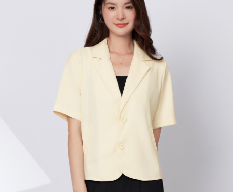 Casual Plain Notched Collar Short Sleeve Button Blazer (White)